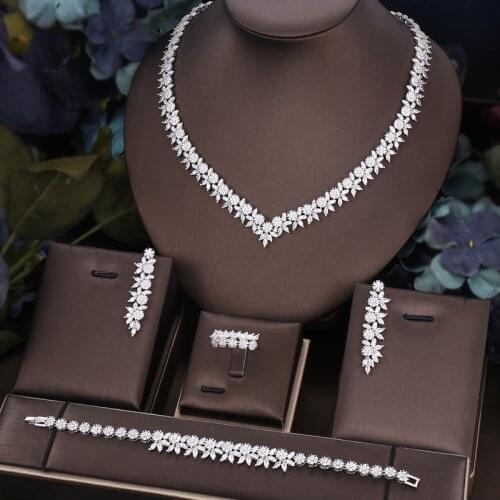 Janekelly 4pcs Bridal Zirconia Full Jewelry Sets For Women Party, Luxury Dubai Nigeria CZ Crystal Wedding necklace sets