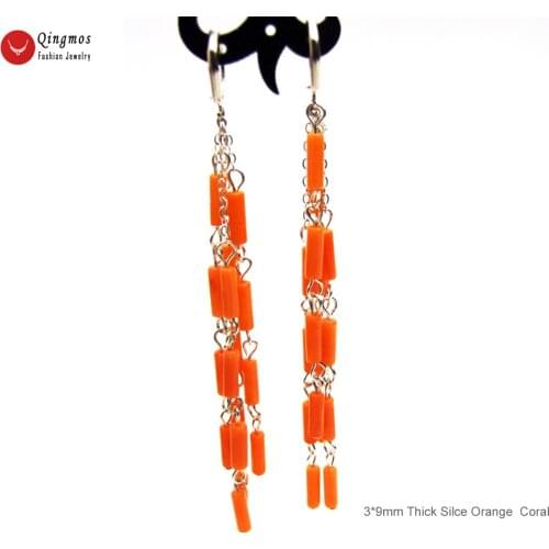 Qingmos Fashion Orange Coral Earring for Women with 3*9mm Thick Slice Natural Coral 4 Strands Dangle Earring 3'' Hoop Jewelry