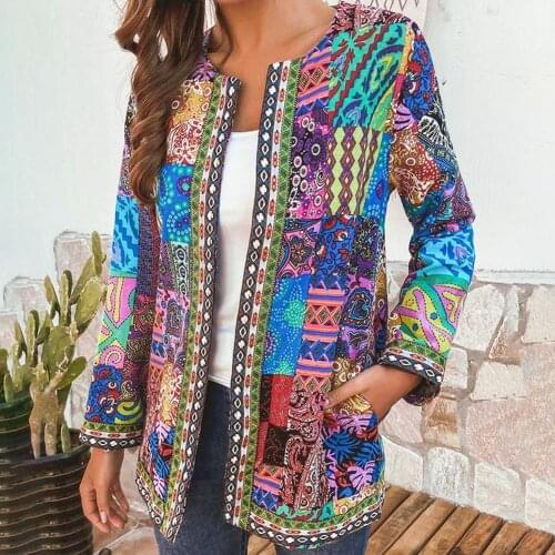 Women Autumn Winter Ethnic Floral Print Long Sleeve Loose Jacket Coat Cardigan