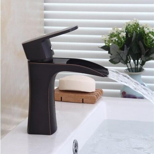 Basin Faucet Bathroom Brass Sink Mixer Tap Hot & Cold Waterfall Faucet Single Handle Deck Mounted Black/Chrome Lavatory Crane