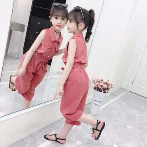 Girls Summer Suit 2021 New Korean Childrens Sleeveless Cropped Trousers Solid Color Fashionable Thin Two-Piece Suit