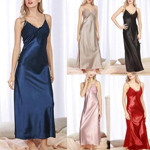 Summer Sexy Satin Loose Sleepwear Women V-Neck Long Maxi Babydoll Night Dress Underwear Nightgowns