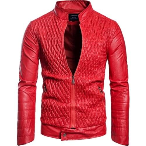 New Fashion Red Leather Jackets Men Coats Stand Collar Diamond lattice Motorcycle PU Outerwear Male Jacket Brand Clothing Coat