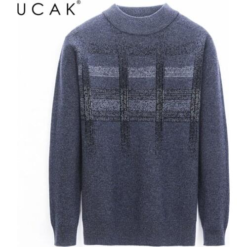 UCAK Brand Pure Merino Woo Striped Sweaters Men Clothes O-neck Streetwear Sweater Pull Homme Winter Warm Pullover Clothing U3193
