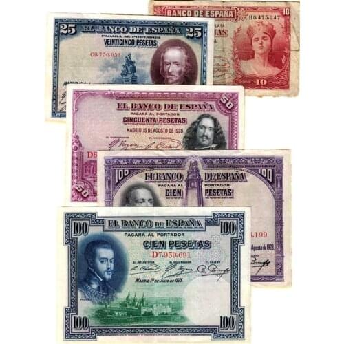 Spain Set 5 PCS 1928 (10 25 50 100 Peseta) Notes Used F Condition Real Original Rare Note for World Collection Gift Souvenir