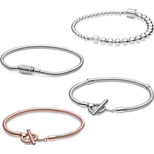 2020 AUTUMN new S925 Purely Pearl & Polished Beads,Moments Sliding Magnetic Clasp Snake Chain Rose Moments T-Bar Bracelet