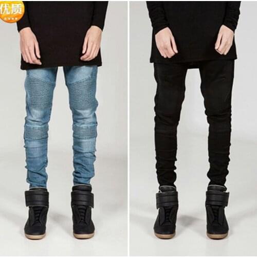 Fall 2021 mens trendy cool locomotive jeans wrinkled slim-fit small-foot micro-elastic mens jeans