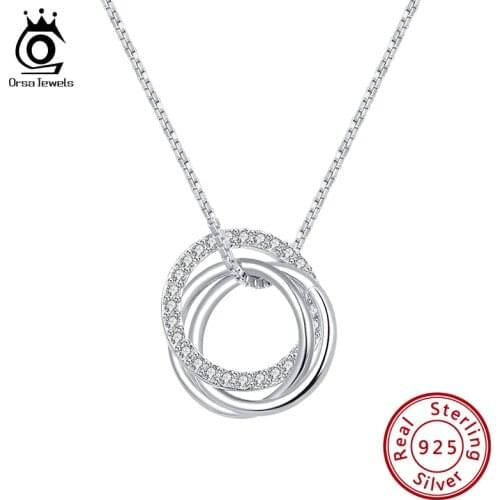 ORSA JEWELS Pure 925 Sterling Silver Necklace AAAA Zircon Gold Plated 3 Circles Glittering Accessories For Female OSN175