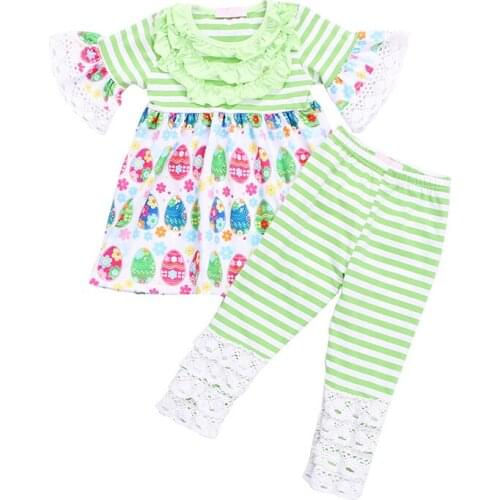 Kaiya angel Toddler Girls Easter Clothing Set Color Egg Printed Ruffle Shirt + Striped Lace Pant Kids Festival Summer Outfits