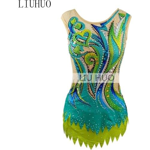 LIUHUO Figure Skating Dress Womens Girls' Ice Performance Rhythmic Gymnastics Competition Leotard Dance Ballet Green Aerobic