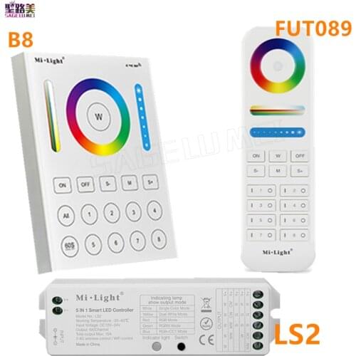 Mi Light 2.4G wireless 8 Zone RF dimmer FUT089 remote B8 Touch Panel Wall-mounted rgbww LS2 5 in 1 led controller for RGB+CCT