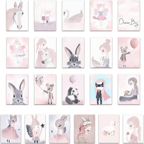 Nordic Watercolor Cartoon Unicorn Deer Rabbit Girl Canvas Painting Kids Room Home Decoration Flower Poster Swan Wall Pictures