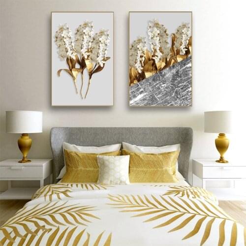 Nordic Golden Leaf Monstera Flower Wall Art Canvas Paintings Scandinavian Plants Posters Prints Decoration Pictures Room Wall