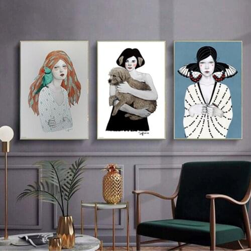 Vintage Abstract Girl Hair Women And Pet Art Canvas Painting Fashion Nordic Poster Wall Pictures For Living Room Home Decor
