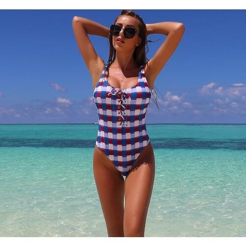 High quality lattice pattern sexy bikini one-piece swimsuit backless striped conservative beachwear swimwear women