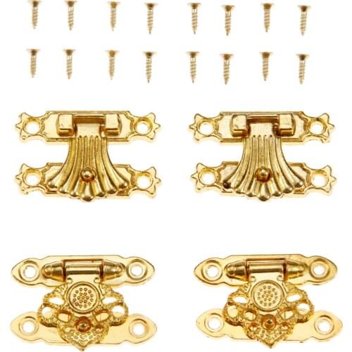 2Pcs Antique Gold Jewelry Box Padlock Hasps Locked Catch Latches Flower Wooden Wine Gift Box Handbag Buckle Vintage Hardware