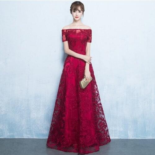 Women Off Shoulder Full Length Appliques Cheongsam Elegant Evening Party Gowns Royal Classic Red Bridesmaid Wedding Dress