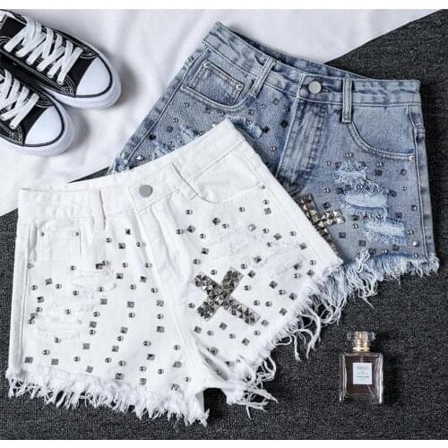 Newest Women Rivets Denim Shorts High Waist Fashion Cowboy Shorts Street Punk Style Rivet Skinny Female Tassel Jeans Short D341