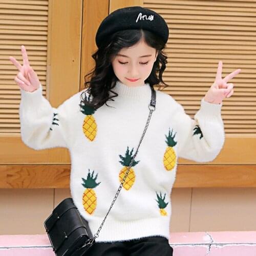 Girls 6-14 Y Winter Autumn Casual Long Sleeve Pullover Faux Mink Cashmere Sweaters Fashion Pattern Knit Warm Underwear Sweaters