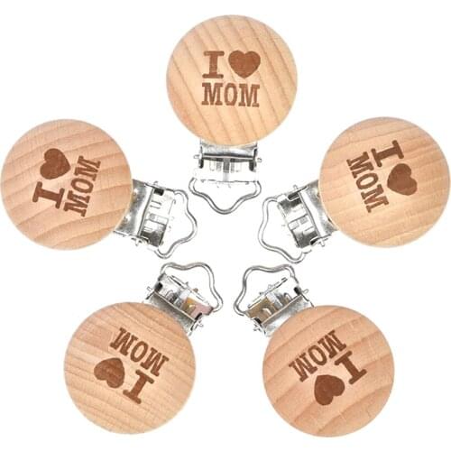 Mabochewing 10pcs 30mm Laser Patern Metal Steel Round Beech Wood Clips Baby Teethers Toys Pacifier Chain Holder Making
