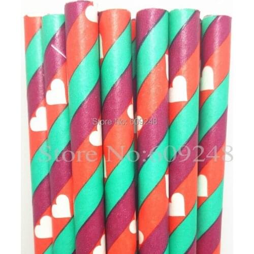 100pcs Mixed Colors White Heart Green Red Dark Red Striped Valentines Paper Straws,Retro Sweet Cake Pop Stick Valentines Day