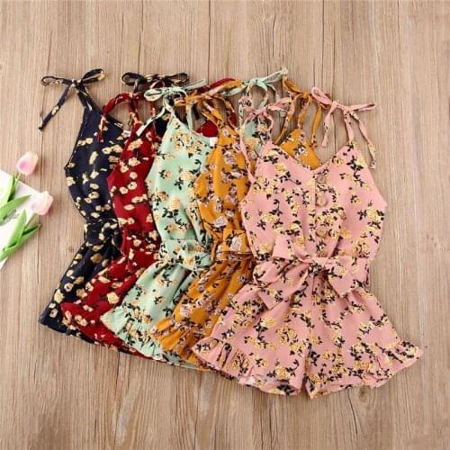 2020 Baby Girls Summer Rompers Toddler Newborn Baby Girls Sleeveless Button Bandage Floral Rompers Jumpsuits Overalls Outfits