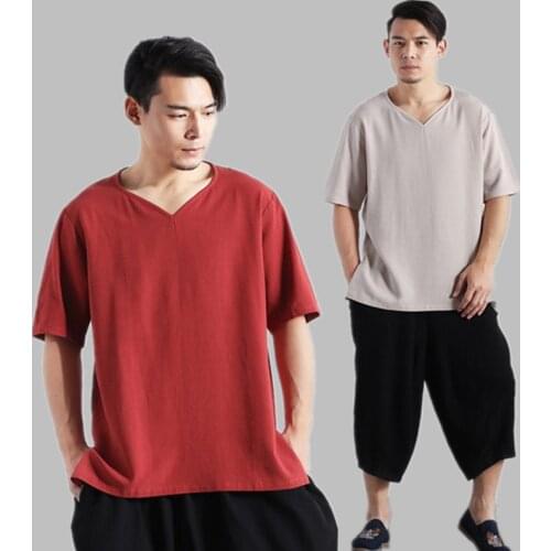 2020 New Summer Shirt Men Short Sleeve Loose Thin Cotton Linen Shirt Male Fashion Solid Color Trend V-Neck shirt Plus size M-6XL