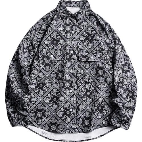 Pocket Bandana Shirt 2020 new Printed Shirt Casual Tops Camiseta Streetwear Long Sleeve Clothes Summer Mens Fashion Shirt