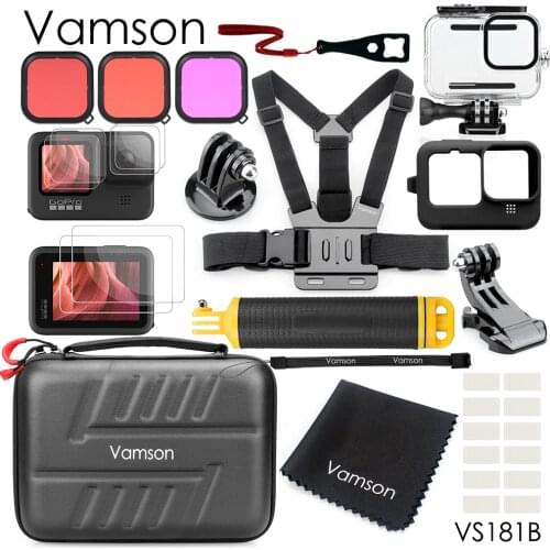 Vamson for GoPro Hero9 Black 360 Velcro Hands Waterproof Housing Case Side Cover Steel Film Filter Medium Accessories Bag VS181