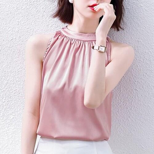 Korean Fashion Clothing Womens Tops Chiffon Women Blouses Summer Sleeveless Round neck ice silk Women Shirts Plus Size shirts