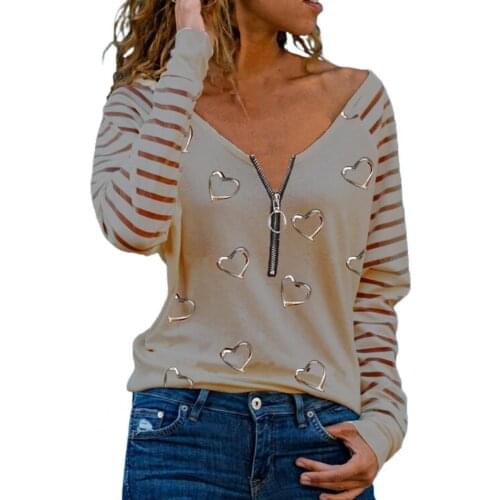 Fashion Long Sleeve T-shirts Heart Glitter Sequin Blouses V Neck Zipper Sexy Shirt Elegant Mesh Striped Pullover Tops