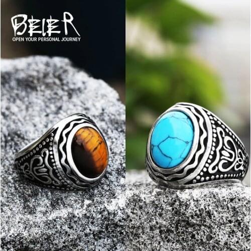Natural stone ring men Vintage norse talisman Rune / tiger eye rings for men Male Finger jewelry BR8-742