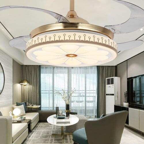 LED Ceiling Fans Light Fan Invisible 42 Inch Aluminum Acrylic Living Room Gold LED Ceiling Fans with Lights