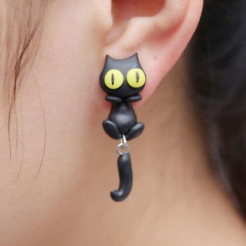 1 Pair Cartoon 3D Animal Earrings For Women New Design Handmade Yellow Eyes Cute Cat Stud Earring Fashion Jewelry Polymer Clay