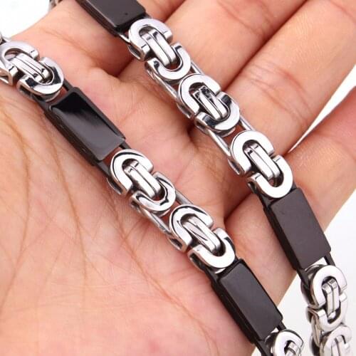 Tisnium 6/8mm Black&Silver Color Stainless Steel Fashion Byzantine Link Chain Mens Necklace 8-34inch