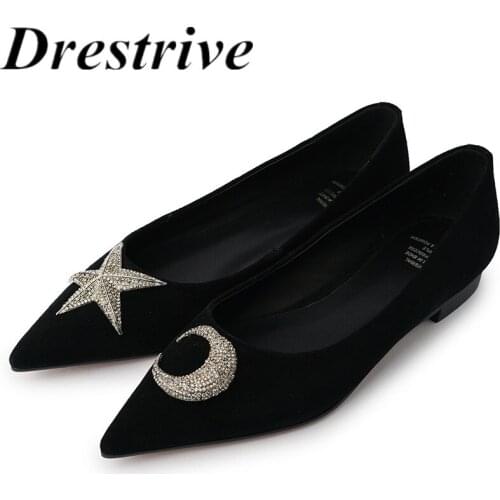 Drestrive Women Flats Kid Suede Pointed Toe Moon 2021 Spring New Arrival Low Heel Casual Shoes Woman Black Star Shallow