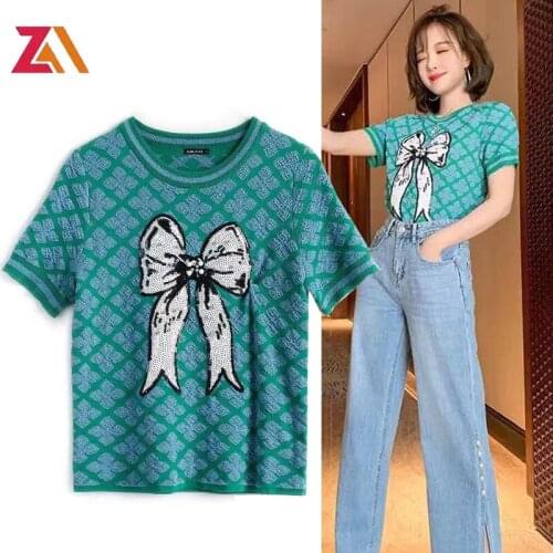 Korean fashion chic woman crop top casual Plaid Sequin bow short sleeve summer clothes for women T-shirt blouses tops mujer