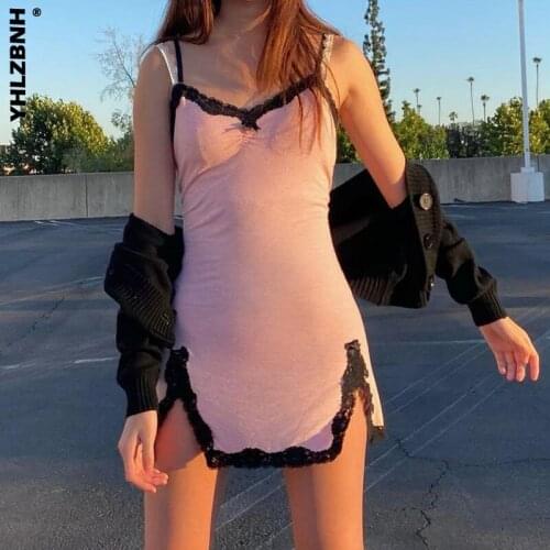 YHLZBNH Sexy Spaghetti Strap Mini Dress Lace Split Hem V Neck Sleeveless Y2K Bodycon Short Dresses 90s Women Summer Pink Skinny