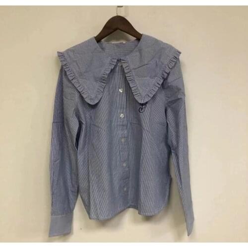 Ladies 2021 Early Spring Contrast Striped Ruffled Lapel Embroidery Blouse Shirt Top