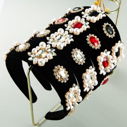 Baroque Imitation Pearl Headband For Women Fashion Geometry Crystal Velvet Wide Brim Hair Band Womens Party Hair Accessories