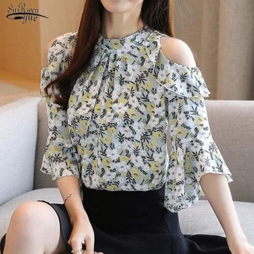 Summer Chiffon OL Short Sleeve Shirt Women Blusas Mujer De Moda 2021 Loose Flower Off-Shoulder Pullover Blouse Women 8982 50