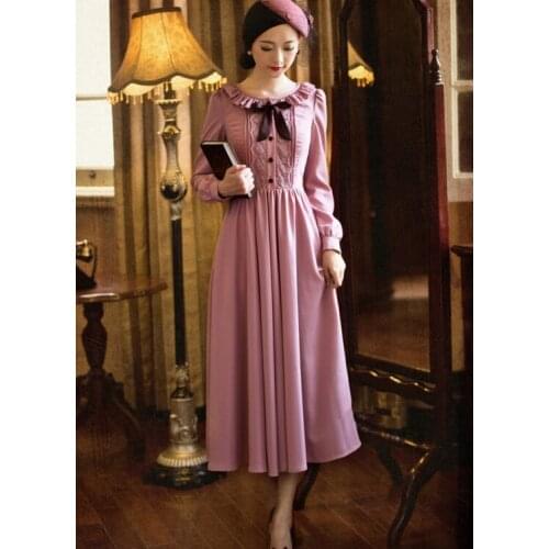 High Quality Sweety Ruffles Round Collar Lace Bowknot Long Sleeve Woman Chiffon Long Dress Pink