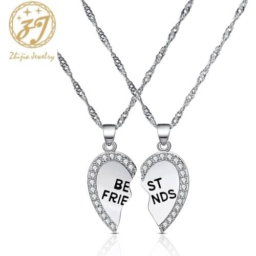 Zhijia Trendy Silver Color Crystal Rhinestone "Best friend"Heart Shape Pendant Necklace For Women friendship jewelry