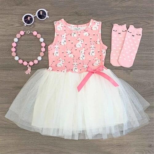 2021 1-5Y Summer Baby Girls Dress For Easter Holiday Sleeveless Bow Lace Patchwork Tutu Sundress