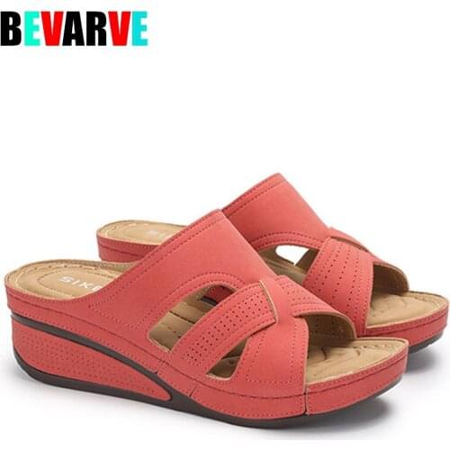 BEVARVE 2021 Fashion Summer Slippers Women Wedges Shoes Open toe Ladies Wedges Heels 5.5cm Sweet Women Beach Slippers