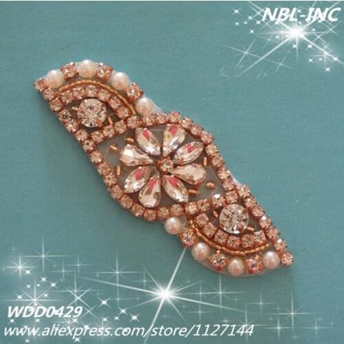 30 pieces) Rose gold crystal bridal beaded rhinestone applique for wedding dress sash DIY iron on WDD0429