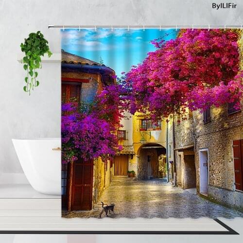 3D Pastoral Flower Scenery shower Curtains Garden Villa Street Forest Landscape Polyester Bath Curtain Waterproof Bathtub Screen