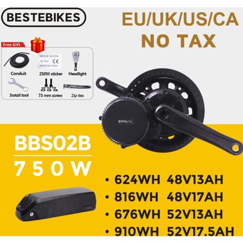 Bafang Motor BBS02B BBS02 48V 750W Mid Drive Motor 8fun Electric Bike Conversion Kit 52V17.5Ah Samsung Cells Lithium Battery Kit