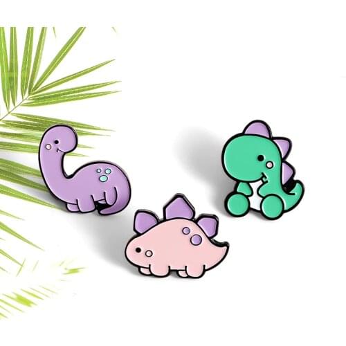 Cartoon Dinosaur Brooches Tyrannosaurus tanystropheus Era of Dinosaurs Brooch Green Pink violet Enamel Pins Animal Jewelry