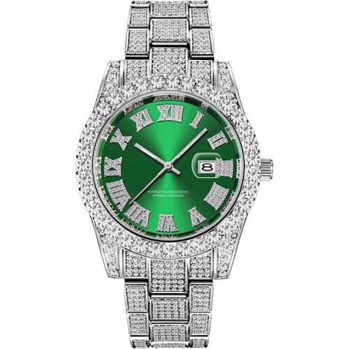 Hip Hop Diamond Watch Men Luxury Brand Mens Gold Green Watch Analog Quartz Movt Unique Men Iced Out Watch